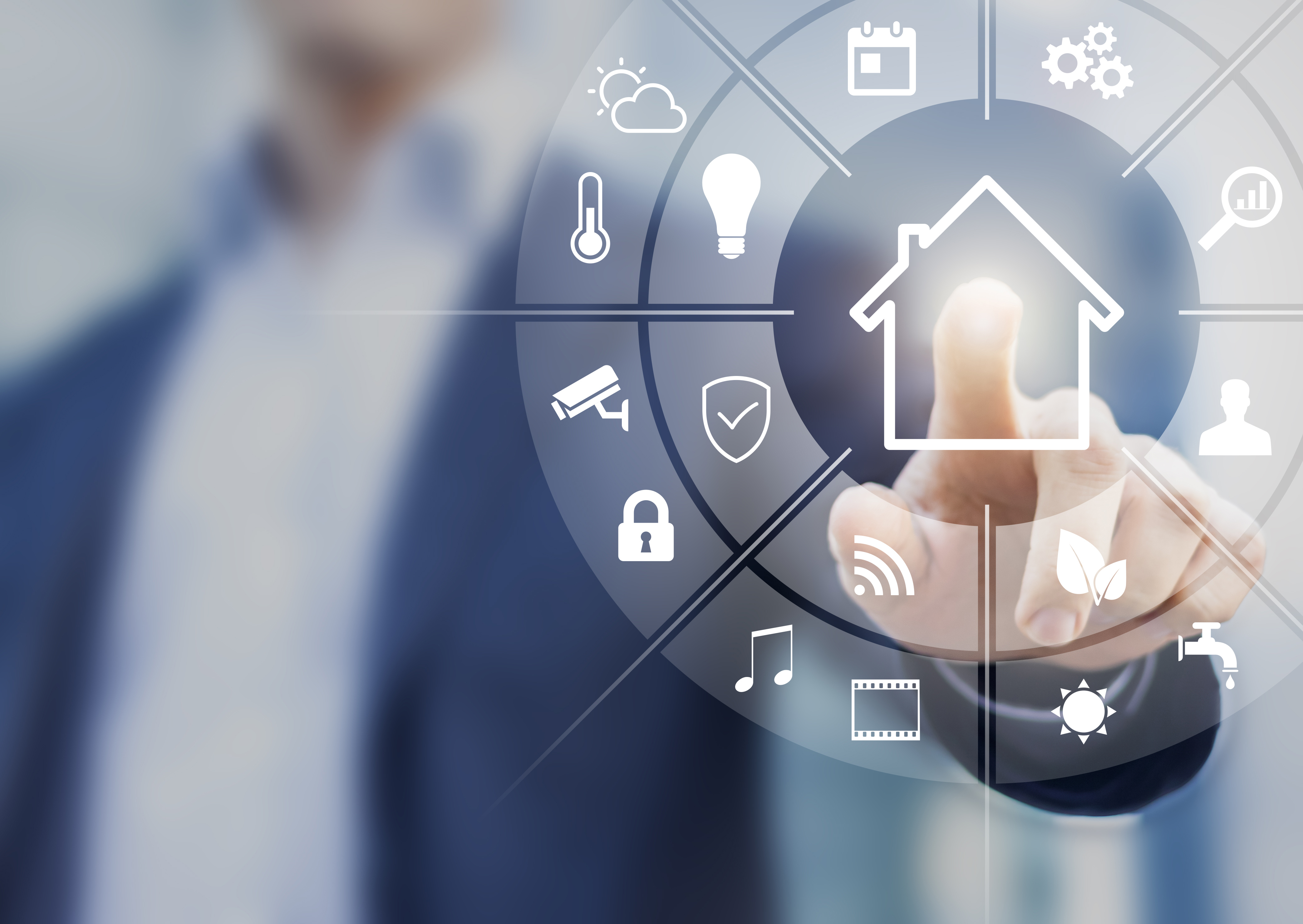 Circular futuristic interface of smart home automation assistant on a virtual screen and a user touching a button